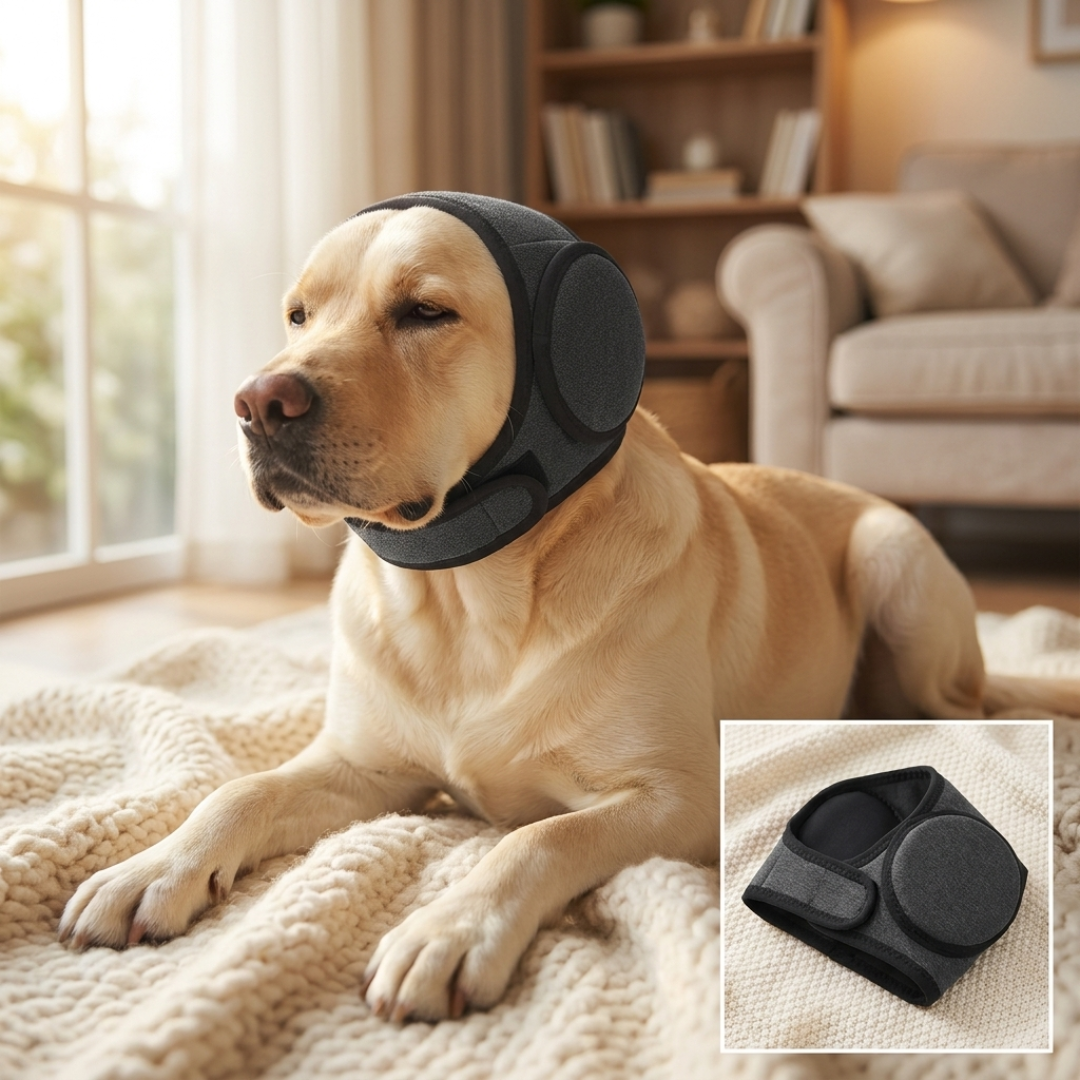 Golden Retriever met Mypawsome Kalmerende Oorkappen, rustig liggend op een vloerkleed