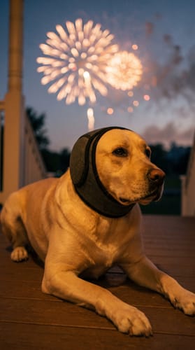 Hond met Mypawsome oorkappen op de bank