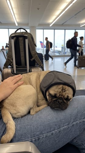 Hond in slaap bij de gate op het vliegveld